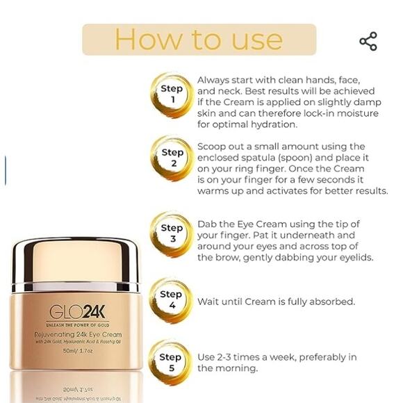 ANTI AGING EYE CREAM GLO24K REJUVENATING CREAM MINIMIZES WRINKLES & FINE LINES - Picture 4 of 6
